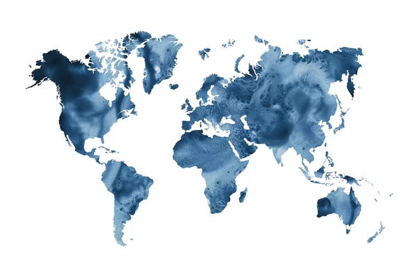 Nouveau Prints: Watercolor World Map Navy Blue by Nouveau Prints