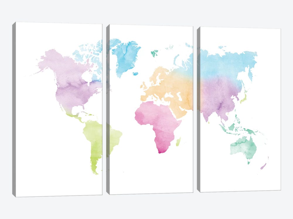 Watercolor World Map - Vivid Colors by Nouveau Prints 3-piece Canvas Print