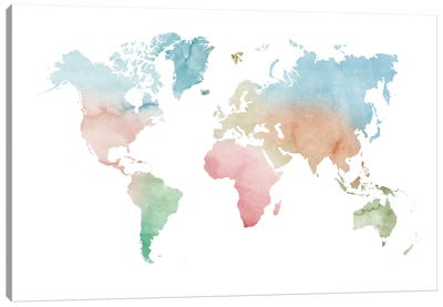 Watercolor World Map - Pastels Colors Canvas Art Print - 3-Piece Map Art