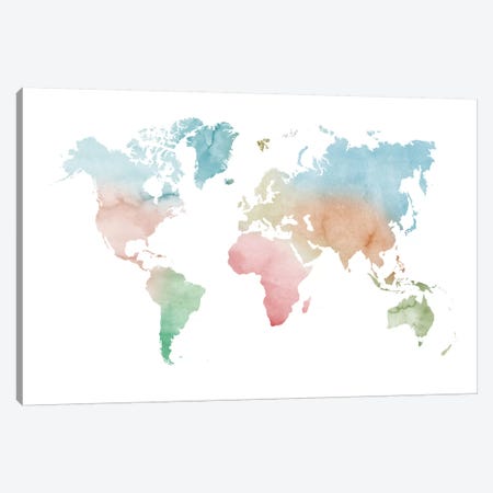 Watercolor World Map - Pastels Colors Canvas Print #NUV154} by Nouveau Prints Canvas Art Print