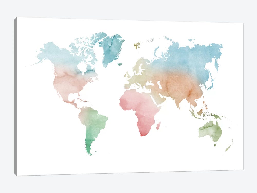 Watercolor World Map - Pastels Colors by Nouveau Prints 1-piece Canvas Wall Art
