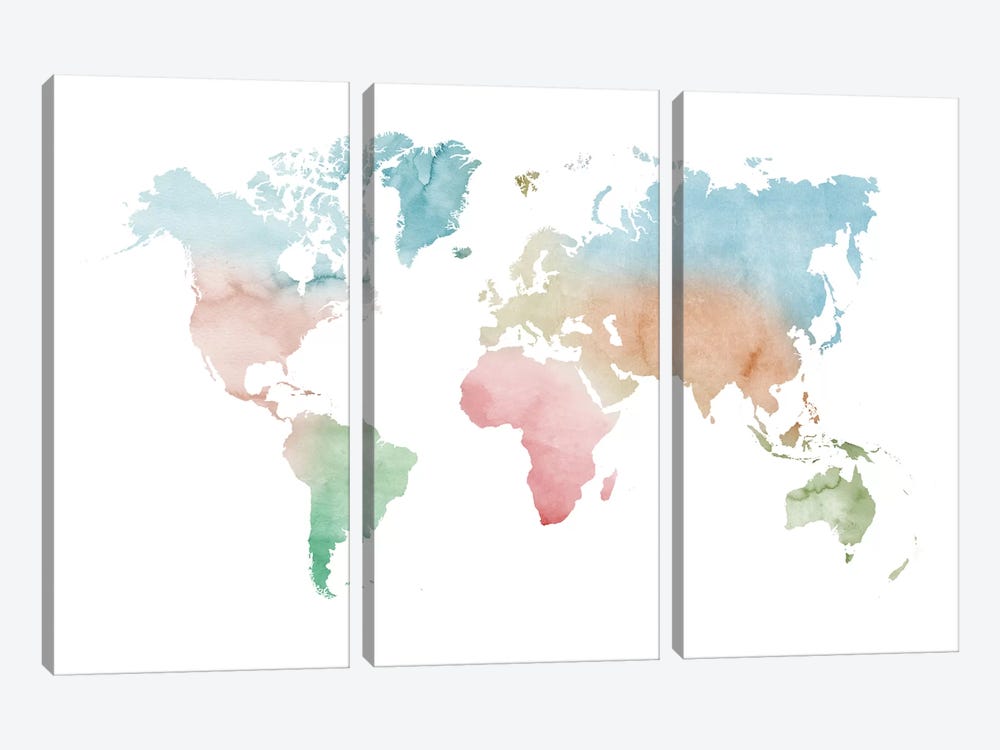 Watercolor World Map - Pastels Colors by Nouveau Prints 3-piece Canvas Wall Art
