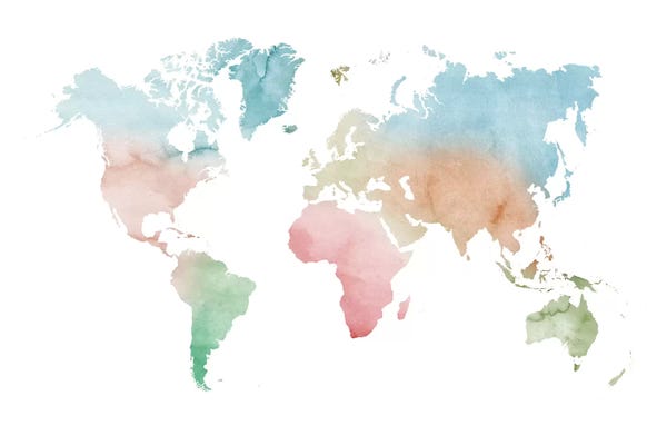 Kids Map Art: Watercolor World Map - Pastels Colors by Nouveau Prints