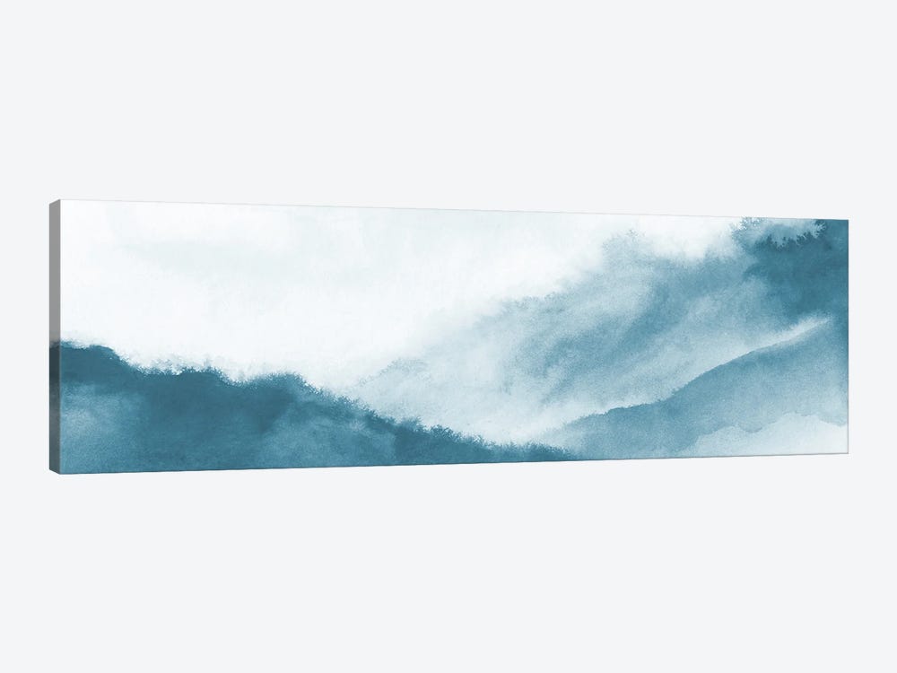 Misty mountains in teal watercolor - Panoramic 1-piece Canvas Artwork