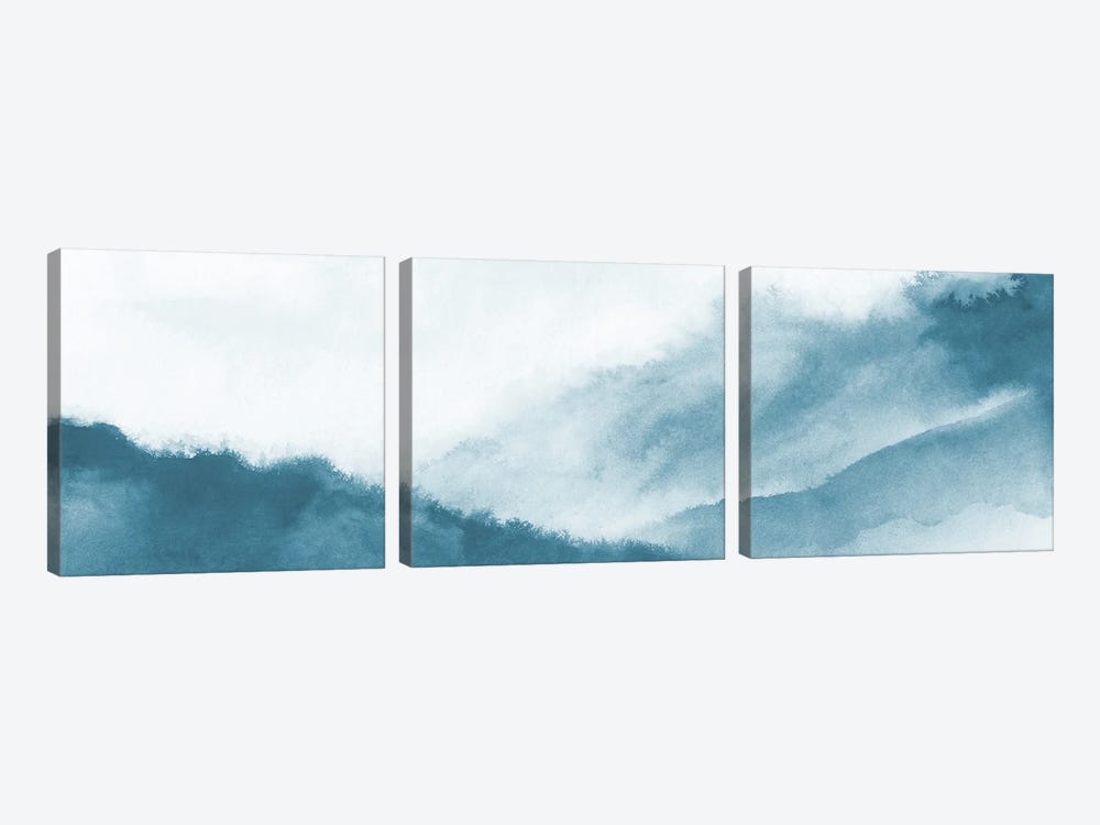 Misty mountains in teal watercolor - Panoramic by Nouveau Prints 3-piece Canvas Art