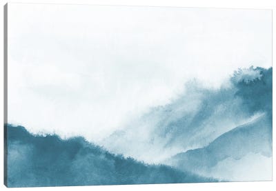 Misty Mountains In Teal Watercolor Canvas Art Print - Zen Bedroom Art