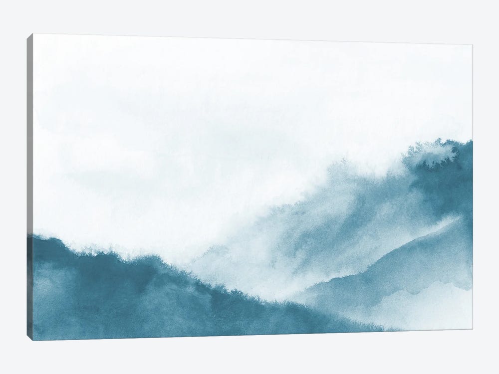 Misty Mountains In Teal Watercolor 1-piece Canvas Artwork
