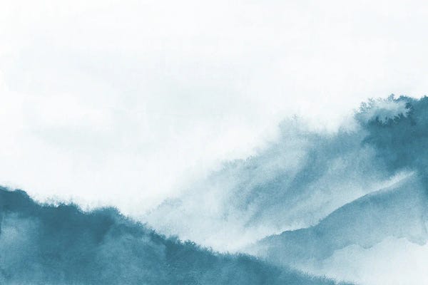 Refreshing Workspace: Misty Mountains In Teal Watercolor by Nouveau Prints