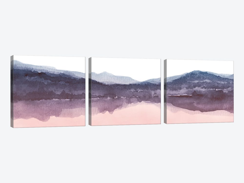 Watercolor Landscape IV Indigo And Blush Pink Panoramic by Nouveau Prints 3-piece Canvas Artwork
