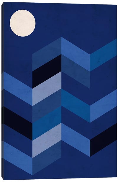 Geometric Landscape With Full Moon Canvas Art Print - Black, White & Blue Art