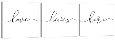 Love Lives Here Triptych Canvas Art Print - Love Typography
