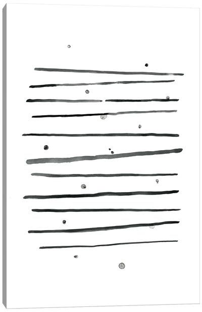 Watercolor Horizontal Lines & Dots Black Canvas Art Print - Black & White Patterns