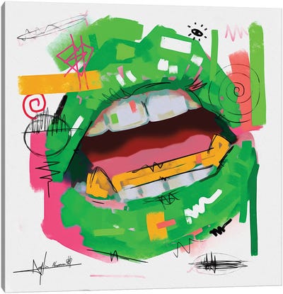 Lips Open Green Canvas Art Print - Streetwear