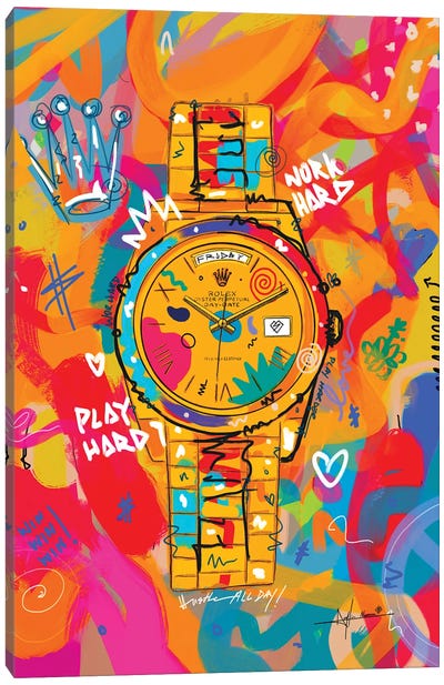 Rolex Friday - Hustle Hard (Tall) Canvas Art Print - Large Colorful Accents