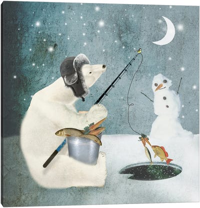 Fishing Canvas Art Print - Snowman Art