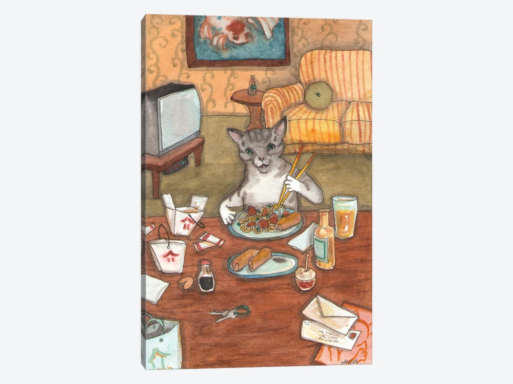Kitty With Take Out by Nakisha VanderHoeven 1-piece Canvas Art Print