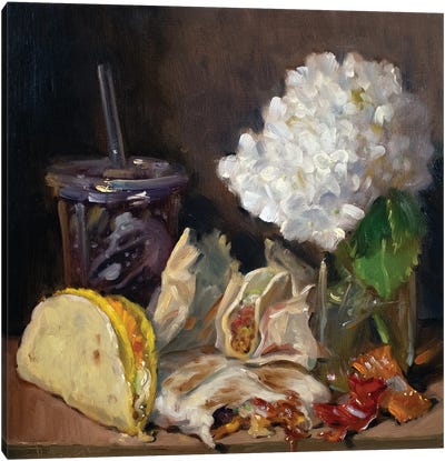 Taco Bell And Hydrangeas Canvas Art Print - Mexican Cuisine Art