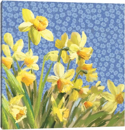 Sunshine On A Stalk Blue Pattern Canvas Art Print - Daffodil Art