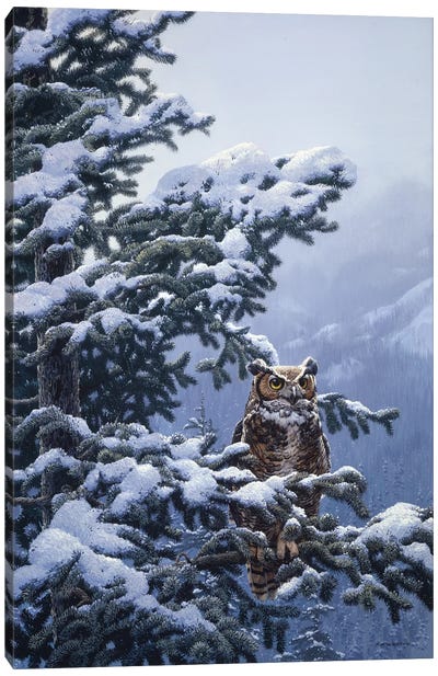 Winter Vigil - Great Horned Owl Canvas Art Print - Purple Art