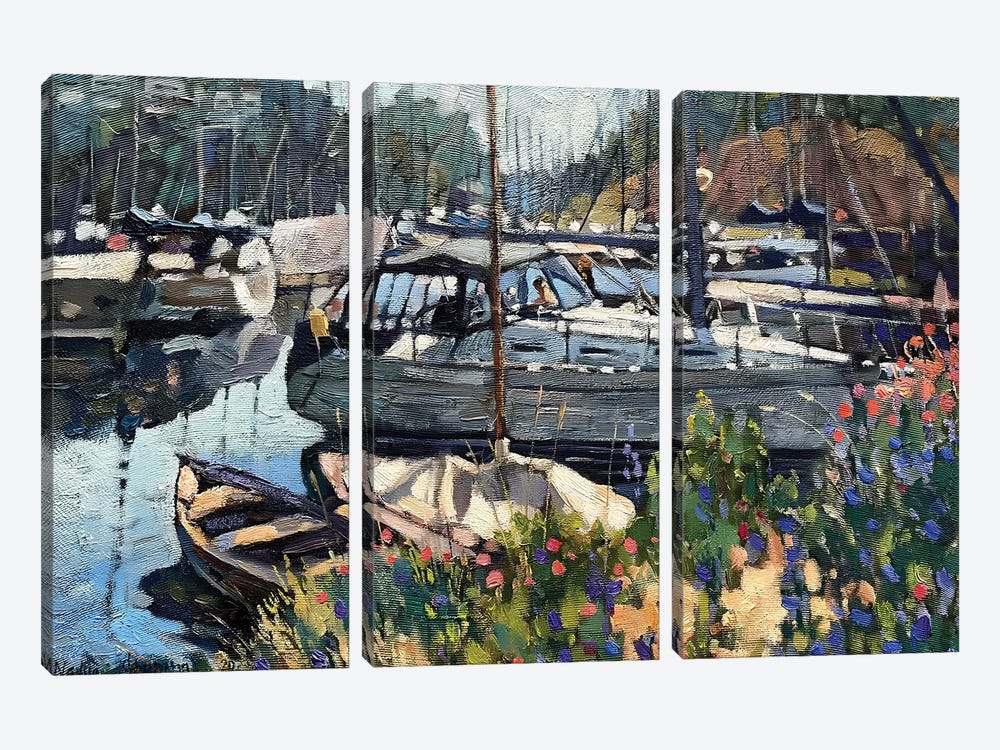 Boats On The Pier by Nadezda Stupina 3-piece Canvas Print