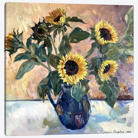 Sunflowers In A Blue Vase Canvas Print #NZS2} by Nadezda Stupina Canvas Artwork