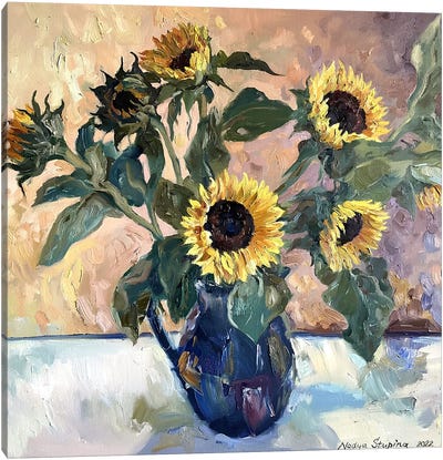 Sunflowers In A Blue Vase Canvas Art Print - Pottery Still Life