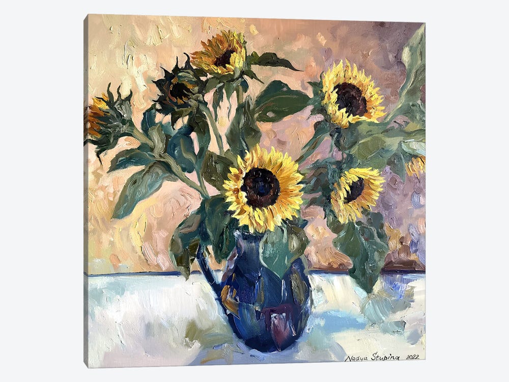 Sunflowers In A Blue Vase by Nadezda Stupina 1-piece Canvas Wall Art