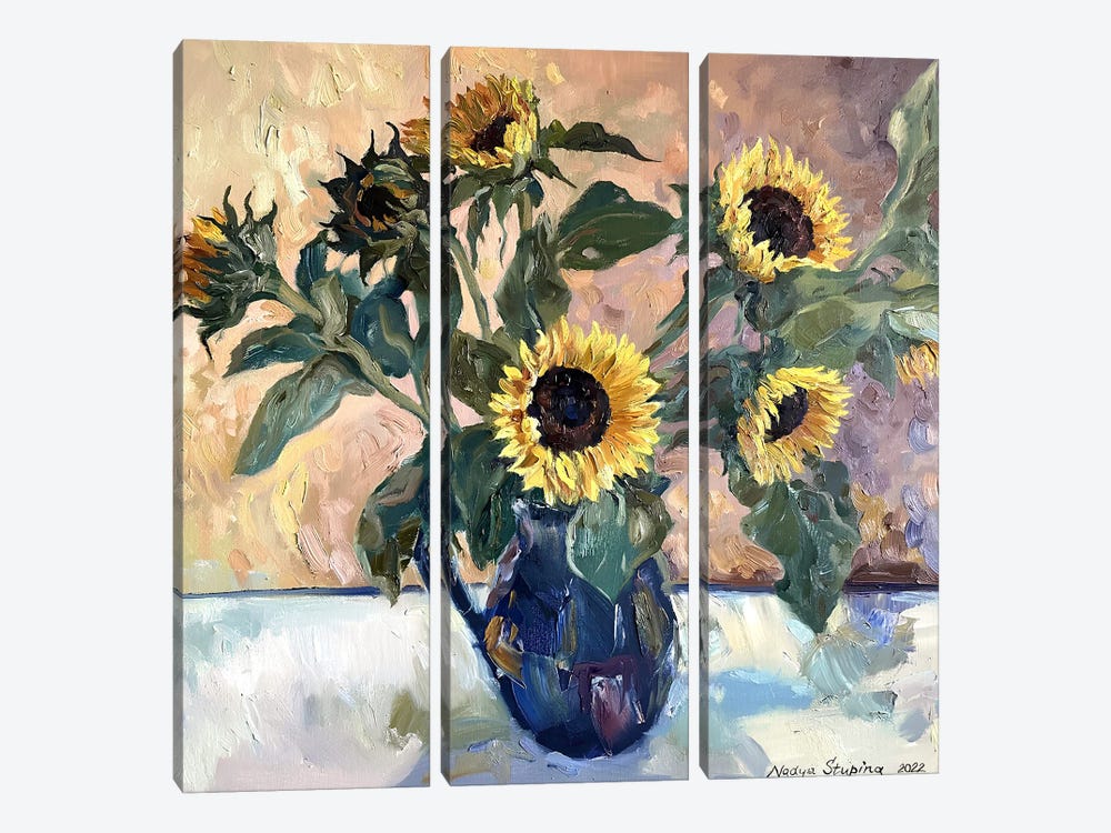 Sunflowers In A Blue Vase by Nadezda Stupina 3-piece Canvas Artwork