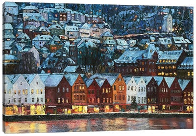Winter Twilight In Bergen Canvas Art Print - Village & Town Art