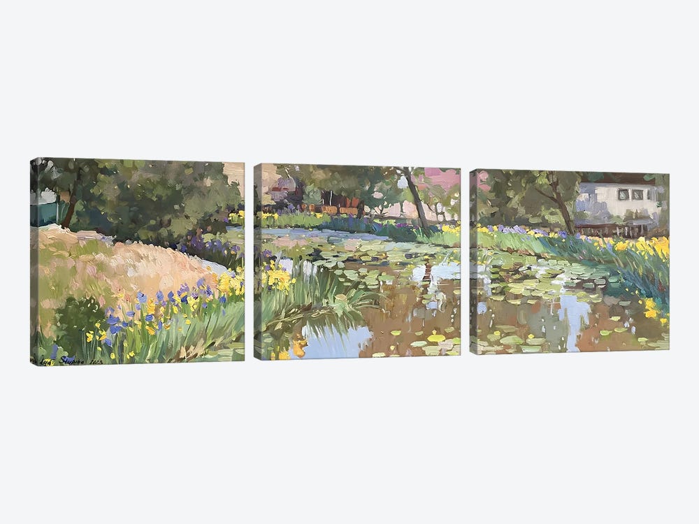 A Pond With Water Lilies And Irises III by Nadezda Stupina 3-piece Canvas Print