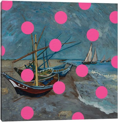 Fishing Boats With Pink Circles Canvas Art Print - Preppy Pop Art