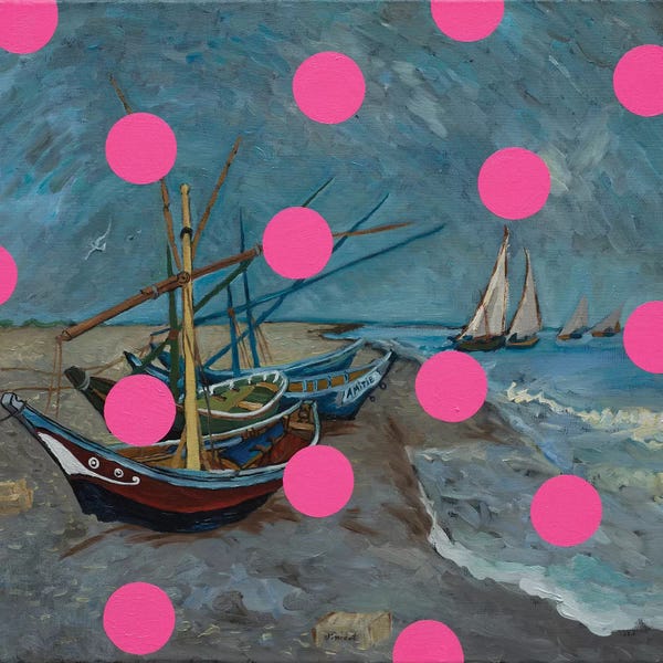Preppy Pop Art: Fishing Boats With Pink Circles by Oleksandr Balbyshev