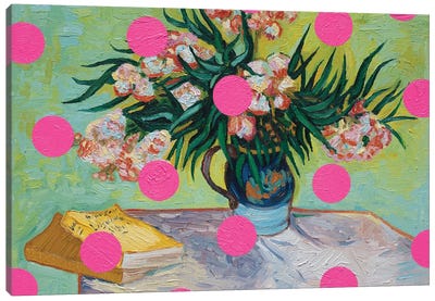 Oleanders With Pink Circles Canvas Art Print - Preppy Pop Art