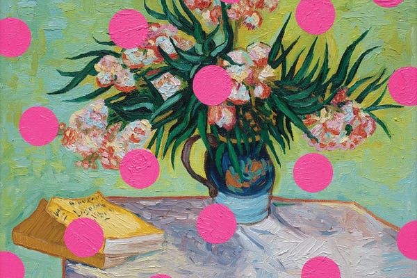 Preppy Pop Art: Oleanders With Pink Circles by Oleksandr Balbyshev