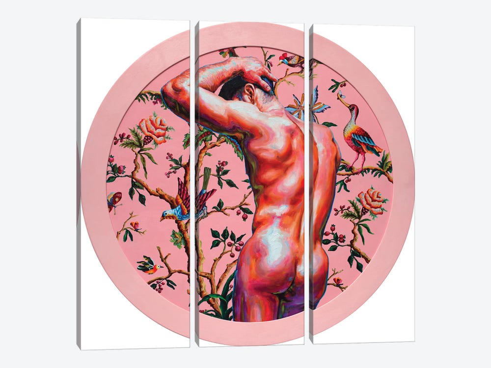 Nude On The Pink Background by Oleksandr Balbyshev 3-piece Canvas Wall Art