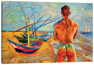 Bather With Fishing Boats Canvas Art Print - Male Nude Art