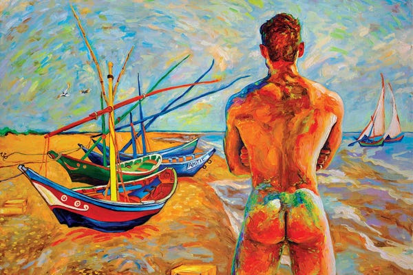 Bather With Fishing Boats