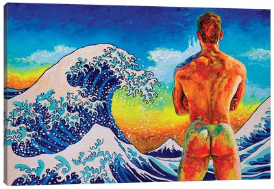 Bather With The Great Wave Canvas Art Print - Male Nude Art