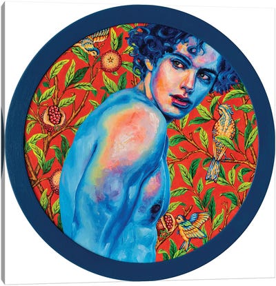 Blue Skin On Red Canvas Art Print - Male Nude Art