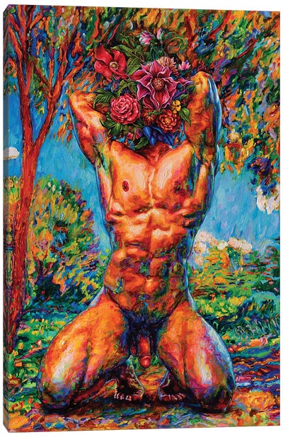 Nude With A Flower Face Canvas Art Print - Male Nude Art