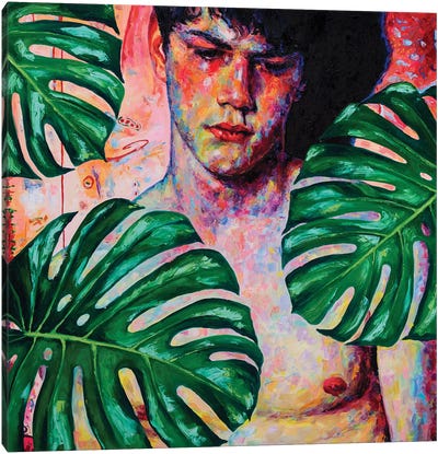 Sad Boy With Monstera Leaves Canvas Art Print - Green & Pink Art