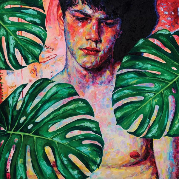 Monsteras: Sad Boy With Monstera Leaves by Oleksandr Balbyshev
