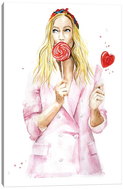 Pretty Girl In A Pink Jacket With A Lollipop Canvas Art Print - Women's Coat & Jacket Art