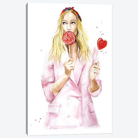 Pretty Girl In A Pink Jacket With A Lollipop Canvas Print #OCR113} by Olga Crée Canvas Artwork
