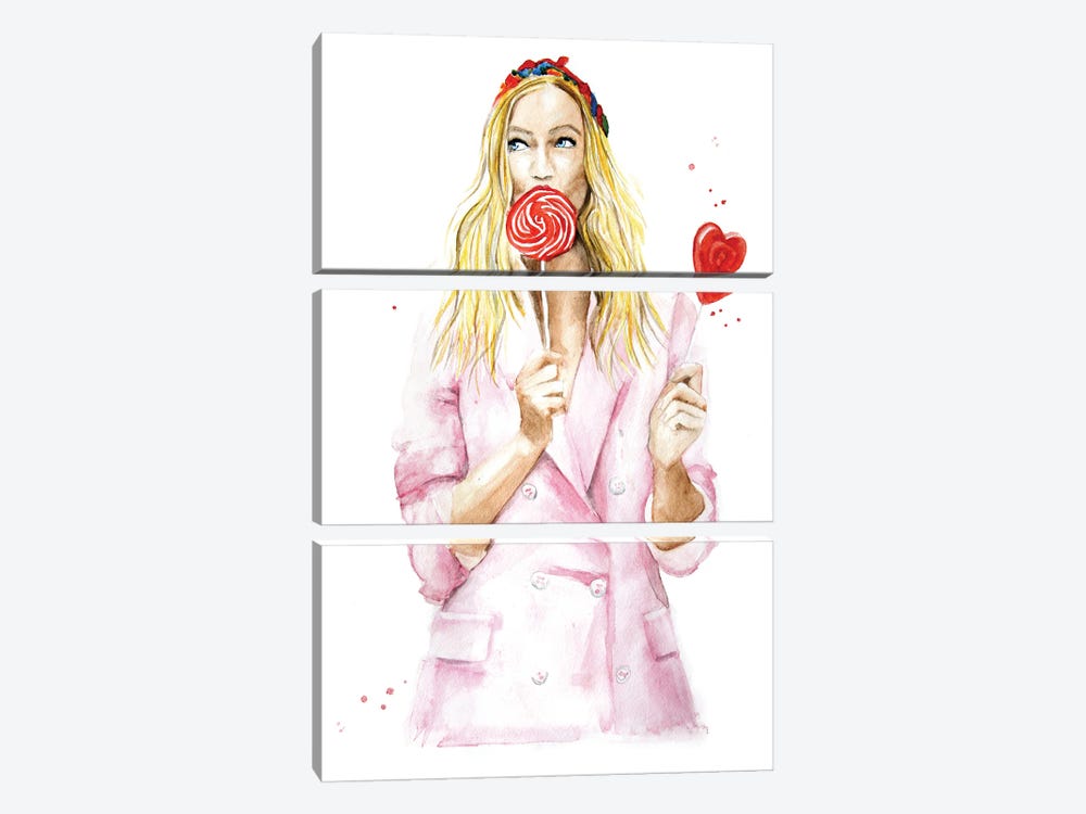 Pretty Girl In A Pink Jacket With A Lollipop by Olga Crée 3-piece Canvas Art Print
