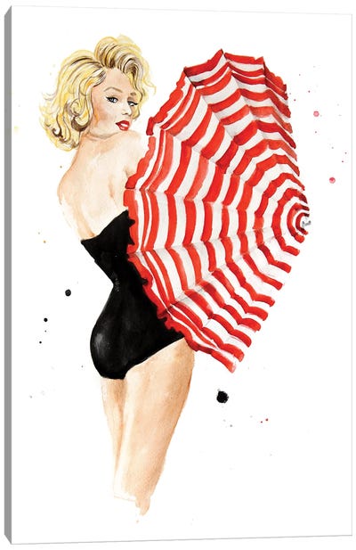 Marilyn Monroe With Umbrella Canvas Art Print - Women's Swimsuit & Bikini Art
