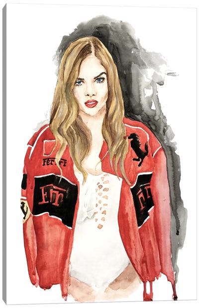 Blonde In Red Jacket Canvas Art Print - Women's Coat & Jacket Art