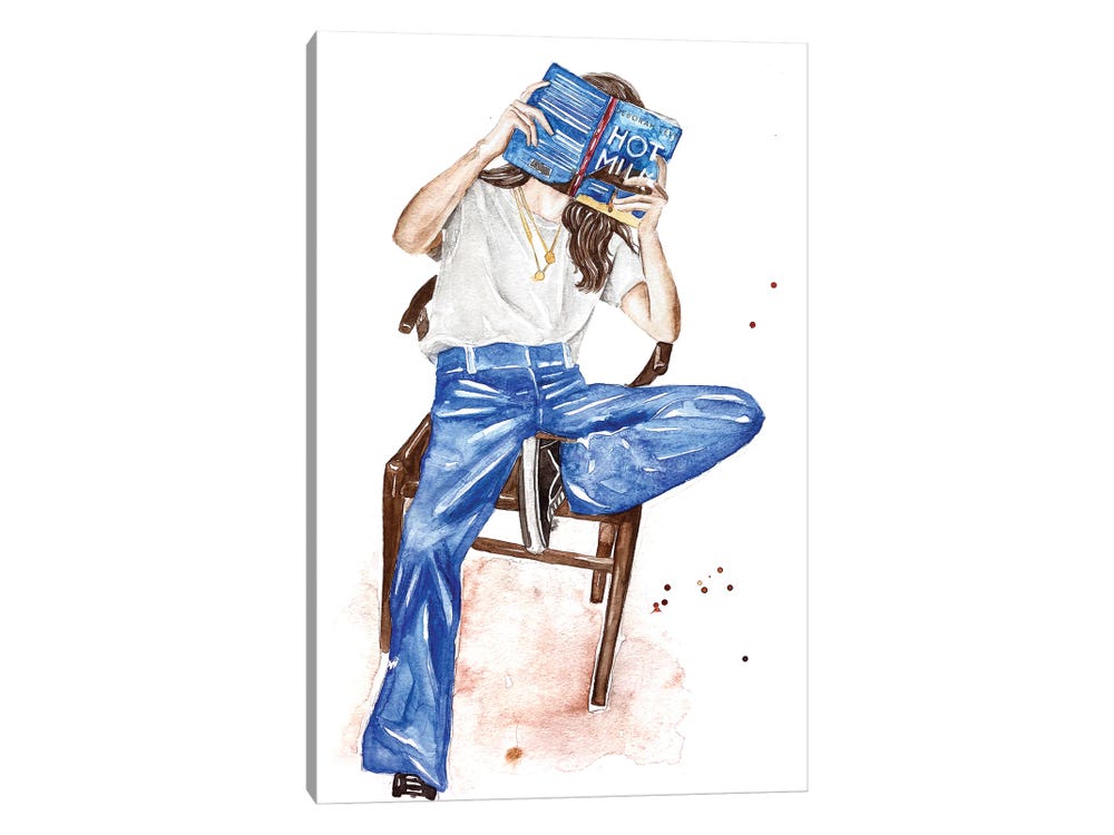 7 Stylish Woman in Jeans with «Hot Milk» Book - Canvas Print Wall Art by Olga Crée ( Holiday & Seasonal > Classroom Wall Art > Reading & Literature