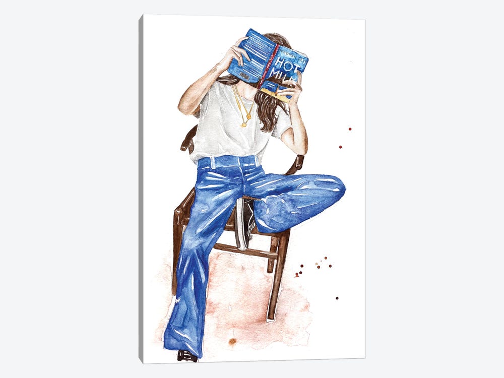7 Stylish Woman In Jeans With «Hot Milk» Book - Art Print | Olga Crée