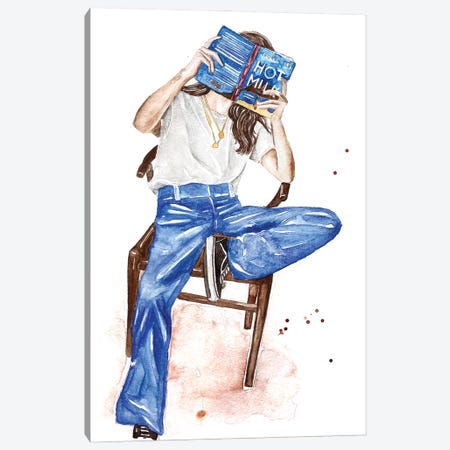 7 Stylish Woman In Jeans With «Hot Milk» Book Canvas Print #OCR52} by Olga Crée Art Print